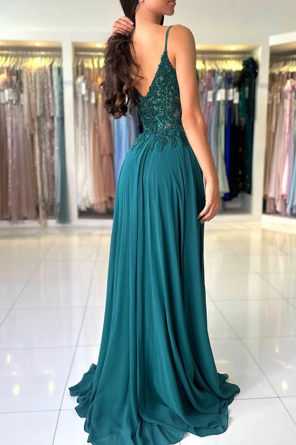 Wholesale A-Line Chiffon Beaded Long Prom Dress Dark Green Spaghetti Strap Evening Dress
